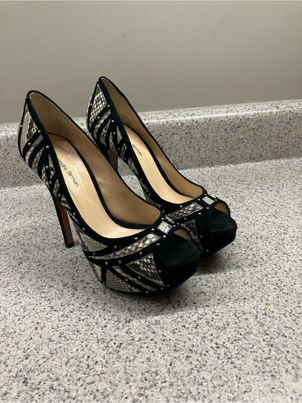 Alexandre Birman Black Snake Skin Peep-Toe Platform Heels